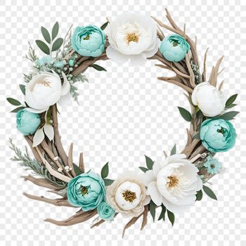 A high-resolution floral wreath made from intricate flowers with a transparent background.