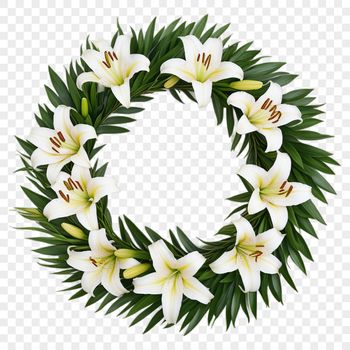 A floral wreath made up of various flowers and foliage elements against a clear background.