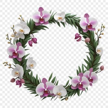 A large, high-resolution floral wreath made up of colorful flowers with a transparent background.