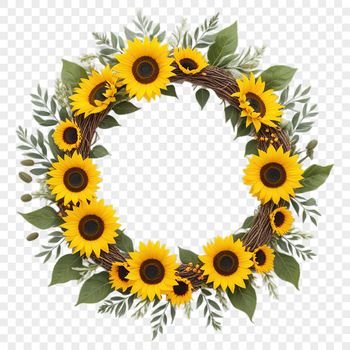 A high-resolution floral wreath made with sunflowers and other flowers, ideal for print or web use.