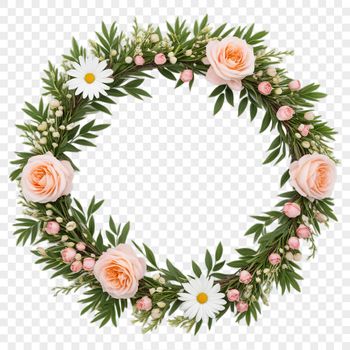 Colorful flower arrangement in the shape of a circular wreath with a clear background.