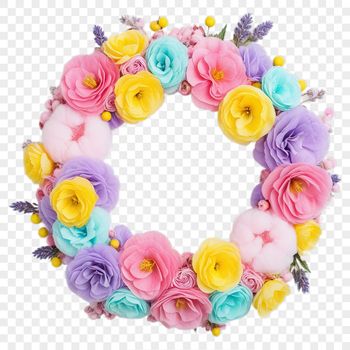 A high-resolution transparent floral wreath made up of various flowers in a circular pattern.