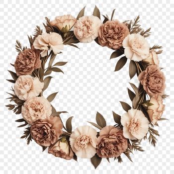 A floral wreath made from various flowers and foliage in a circular arrangement.