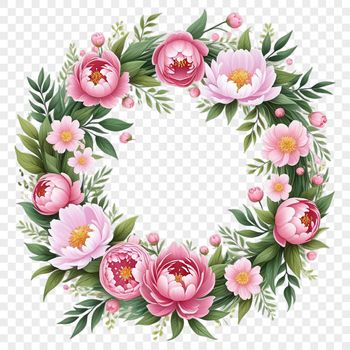 A floral wreath made from various flowers and foliage, created with a transparent background in high resolution PNG format.