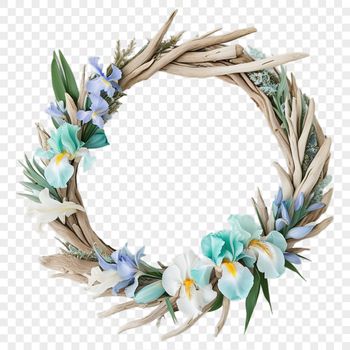 A decorative floral wreath made from various flowers and foliage elements, perfect for DIY projects or print materials.