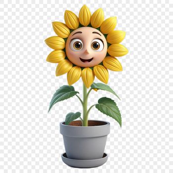 A high-resolution image of a single sunflower in a ceramic flower pot with a clear background.