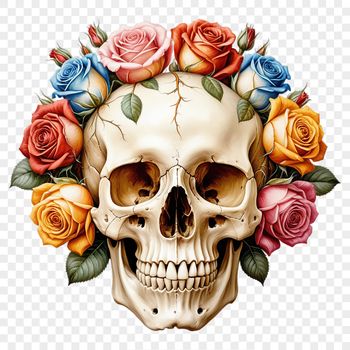 A clear transparent PNG image of a skull with a simple background, suitable for sublimation printing or digital designs.