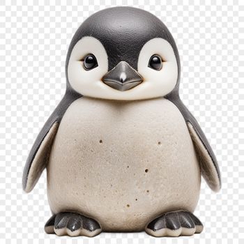 Close-up portrait of a small penguin chick on a transparent background.