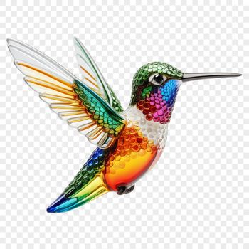 A close-up photograph of a hummingbird in flight, against a clear background.