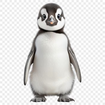 A small, adorable penguin chick stands on its feet, waddling along in the snow.