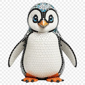 A small penguin chick stands on the ice, surrounded by snow.