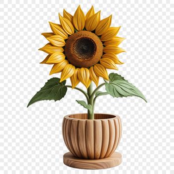 A close-up photograph of a tall sunflower plant in a large flower pot, with a clear background.