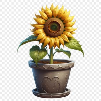 A single large sunflower plant with yellow petals and dark center, growing in a pot.