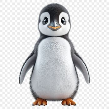 A cute white baby penguin standing on one foot in a clear background.