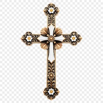 A transparent PNG image of a traditional crucifix with intricate details, suitable for sublimation or print.