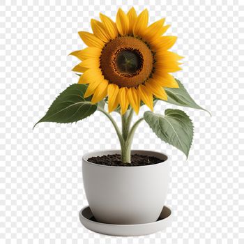 A large, high-resolution PNG image of a single sunflower in a flower pot with a clear background.