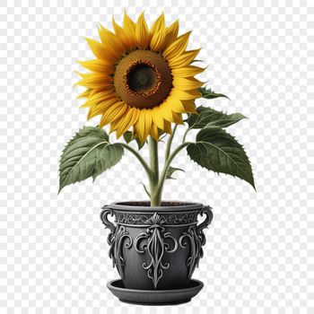 A high-resolution transparent PNG image of a single sunflower in full bloom, standing tall in a clear background.