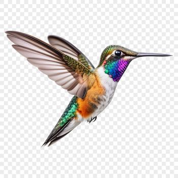 A high-resolution PNG image of a colorful hummingbird in flight against a clear background.