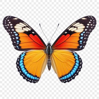 A colorful, transparent PNG image of a realistic butterfly against a clear background.