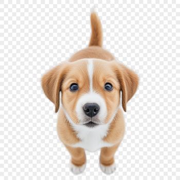 A high-resolution transparent PNG image of a cute puppy sitting on a clear background.