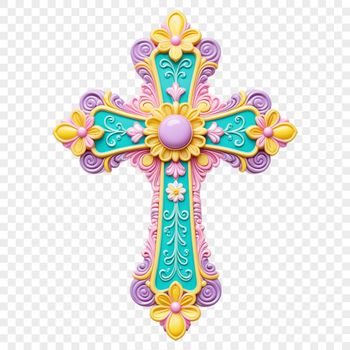 A transparent PNG image of a traditional cross symbol with a floral pattern.