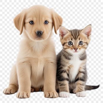 A digital illustration of a playful puppy and kitten sitting together on a transparent background.