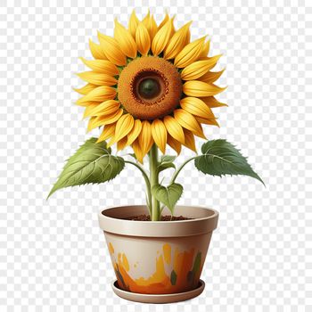A large, high-resolution sunflower in a simple flower pot on a clear background, suitable for commercial or personal use.