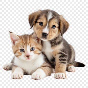 A mixed-breed puppy and kitten sitting together on a clear background.