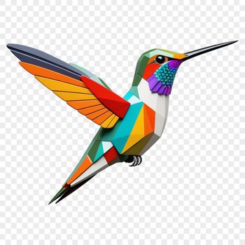 A close-up of a hummingbird in flight, showing its iridescent feathers against a clear background.