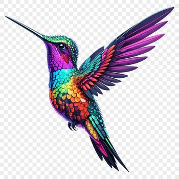 A colorful hummingbird in mid-flight, against a clear transparent background.