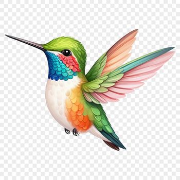 A high-resolution PNG image of a hummingbird in flight with a clear background.