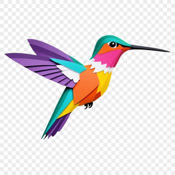 A colorful hummingbird in flight, with its iridescent feathers visible against a clear background.