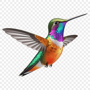 A close-up photograph of a hummingbird in flight, with clear visibility of its iridescent feathers.
