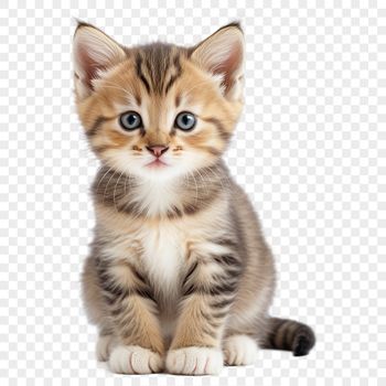 A small domestic cat with bright eyes and fluffy fur on a transparent background.