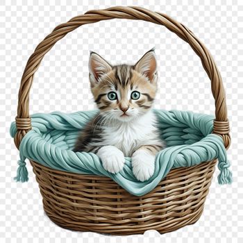 A whimsical kitten peeking out from behind a colorful basket with a clear background.