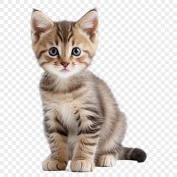 A small grey kitten sitting on a plain background.