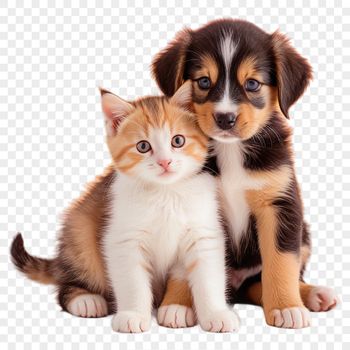 A transparent high-resolution image of a puppy and kitten together on a clear background.