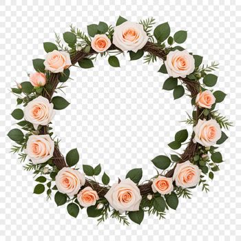 A floral wreath made with various flowers and greenery on a clear background.