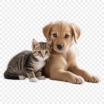 A playful combination of a puppy and kitten sitting together on a transparent background.
