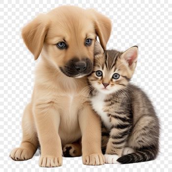 A small puppy and kitten sitting together on a clear background.