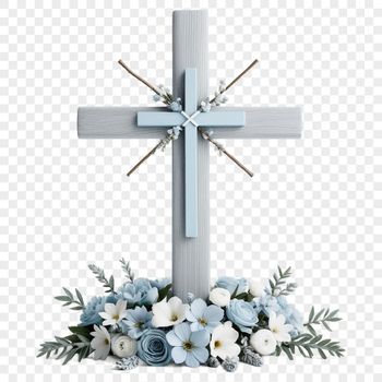 A transparent PNG image of a simple white wooden cross with floral elements.