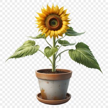 A bright yellow sunflower with dark brown centers in a simple flower pot on a clear background.