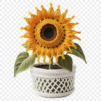 A single large sunflower in a flower pot on a clear background.