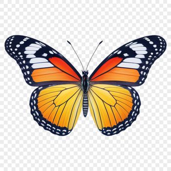 A transparent PNG image of a colorful butterfly against a clear background.