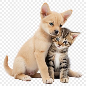 A cute mixed-breed puppy kitten sitting on a colorful background with a clear transparent effect.