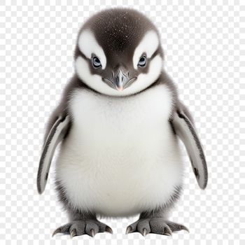 A cute baby penguin standing on the ice, suitable for print and commercial use.