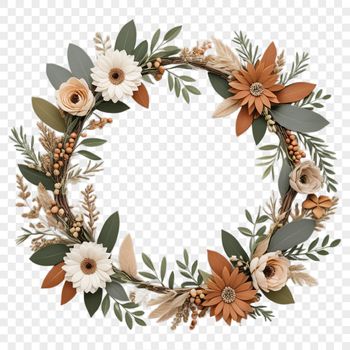 A floral wreath made from various flowers, ideal for sublimation printing or as a clip art template.