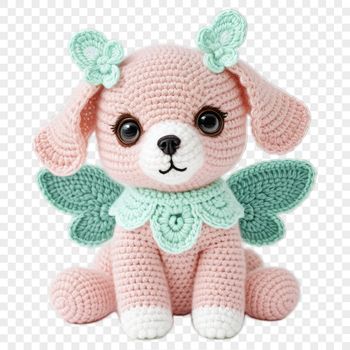 A high-resolution, transparent image of a cute dog in crochet style.