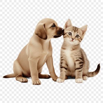 An adorable animal pair featuring a puppy and kitten in a high-resolution transparent PNG format.