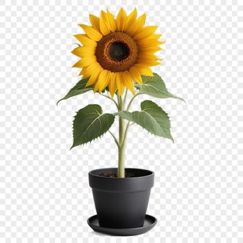 A bright yellow sunflower with dark center stands tall in a simple flower pot.
